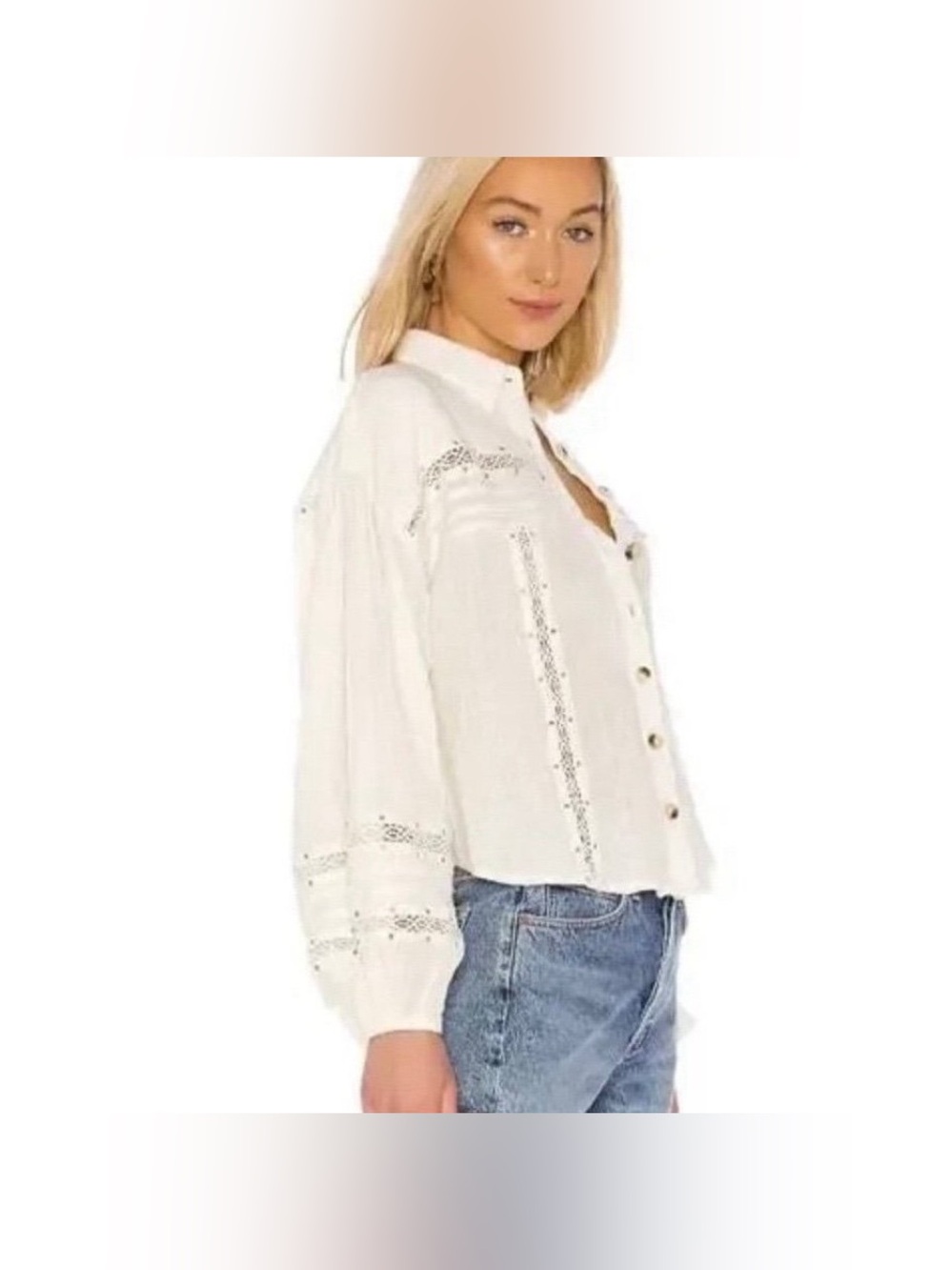 Free People Cream Lace-Trim Button-Front Blouse